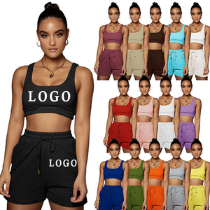 <b>Women</b> two piece workout <b>set</b> crop top and <b>shorts</b> custom logo printed activewear gym fitness clothing sportswear wholesale - Product Image 1