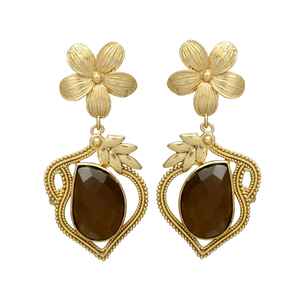 New Arrival <b>Long</b> Golden Classic Flower Design Brown Chaceldony Gemstone <b>Earrings</b> Dangle <b>Earrings</b> - Product Image 1