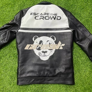 E.T.C. Blouson Moto Homme en Cuir Noir et Blanc Écologique Coupe-Vent Col Rabattable Fermeture Éclair Broderie Vintage sur le Devant - Product Image 2