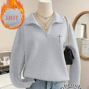 Sudadera con capucha de lana de color sólido con media cremallera personalizada para mujer, sudadera de lana gruesa y cálida para mujer - Product Image 1