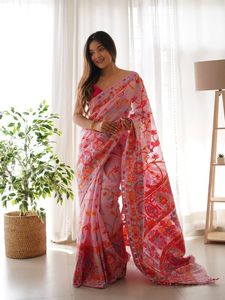 Elegante Saree Tradicional de Lino y Georgette con Estampado Serigrafiado, Suave, Duradero, Sin Arrugas, PINKWEAVE, para Todas las Temporadas, Fiestas y Bodas - Product Image 5