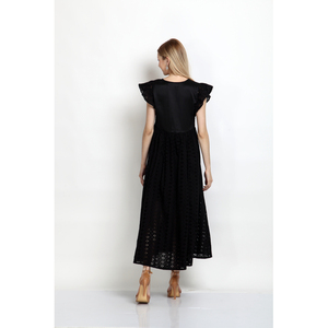 Robe élégante noire brodée à col en V avec manches à volants Robe d'été élégante avec broderie florale Parfait pour décontracté - Product Image 4