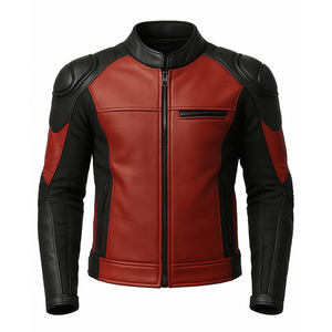 Veste d'équitation de moto en cuir véritable pour hommes Veste de moto en cuir à empiècements noirs et rouges pour course sur piste blindée CE Veste de moto en cuir pour hommes - Product Image 1