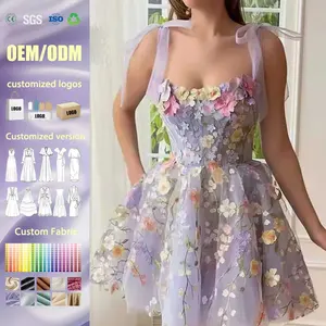 A & J 2024 Vestidos de diseñador personalizados Elegante Cottagecore Patrones cortos Verano Encaje Vestido de vacaciones con estambre - Product Image 1