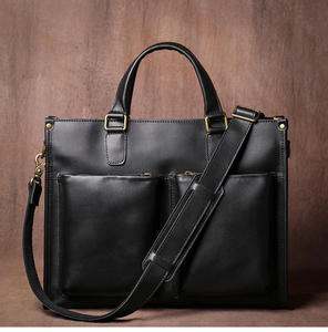 Classic Genuine Leather Korean Vintage Laptop Briefcase with Crossbody Shoulder Strap Portable <b>Large</b> Capacity Office Bag <b>Black</b> - Product Image 4