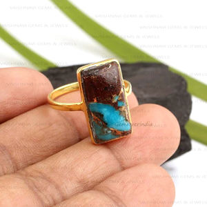 Vente chaude 9x18mm Rectangle Éternité Vermeil 925 Argent Sterling 18K Plaqué Or Lave Cuivre Turquoise Lunette Ensemble Bague pour Femmes - Product Image 3