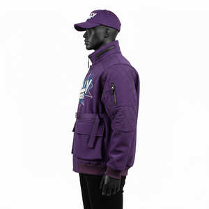 Veste Softshell pour homme 320 GSM Tissu extensible coupe-vent en violet avec panneaux d'épaule matelassés et logo Veste Softshell pour homme - Product Image 3