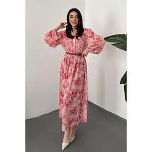 <b>Pink</b> Solid Autumn Breathable Long Sleeve Midi Dress with Piping Detail-100% Cotton Woven Natural Waist A-Line Silhouette - Product Image 1