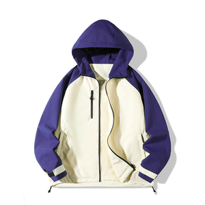 Printemps Automne Américain Rétro Patchwork Couture Couleur Contraste Coupe-Vent Style Extérieur Veste À Capuche Décontractée - Product Image 5