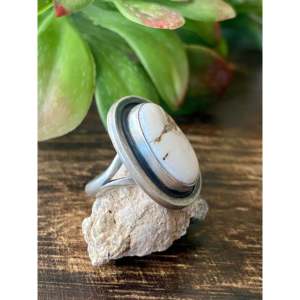 Sheila Becenti Handmade <b>Boho</b> <b>Ring</b> White Buffalo & Sterling <b>Silver</b> with Natural Stone Bezel Setting Size 6.25 Everyday Wear - Product Image 3