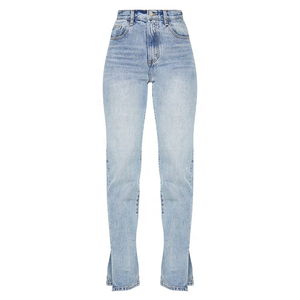 Nouvelle mode pour femmes basique taille haute jambe large jean décontracté jambe droite conception avec coton coupe skinny tissu Denim de haute qualité - Product Image 1