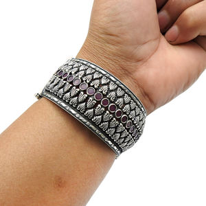 Elegant Look 925 Sterling Oxidized Silver Natural Ruby Gemstone Round Shape Ethnic Bangle for Woman <b>Girls</b> Handmade Jewelry India - Product Image 3