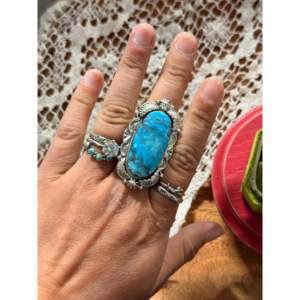 Emerson Degarito Handmade Kingman Turquoise Sterling <b>Silver</b> <b>Ring</b> <b>Emerald</b> Cut Diamond Bezel Setting Size 11.75 for Everyday Wear - Product Image 2
