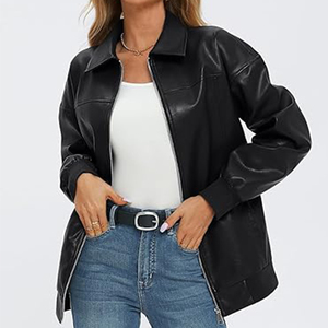 Veste en daim synthétique à fermeture éclair de couleur noire à manches longues de nouvelle conception personnalisée pour femmes Veste en cuir - Product Image 2