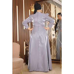 Vestido de Noche Gris MSW19128-4 Tallas Grandes para Mujer, Vestido Formal de Fiesta con Crochet, Hombros Fruncidos, Abertura Alta, Largo Maxi Estilo Imperio - Product Image 5