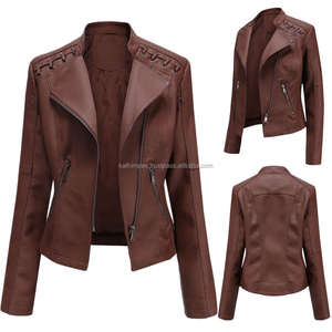 Café fermeture éclair Moto Biker Style ajusté matelassé point cuir femmes vestes avec dentelle Accents poches zippées élégant automne vêtements d'extérieur - Product Image 4