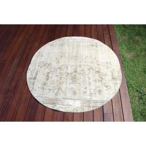 Tapis turc vintage 3,7x3,7 pieds, tapis rond persan en laine blanche - Product Image 1