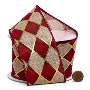 Holiday Harlequin Floral Print Faux Linen <b>Wired</b> <b>Ribbon</b> for Christmas Birthday Halloween Gift Wrapping Made Grosgrain Polyester - Product Image 3