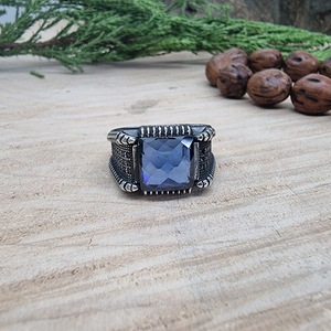 925 Sterling Silver Blue <b>CZ</b> Stone Men's Turkish <b>Ring</b> Black Rhodium Plating Bohemian Style Ottoman Trendy Gift for Traditional - Product Image 3