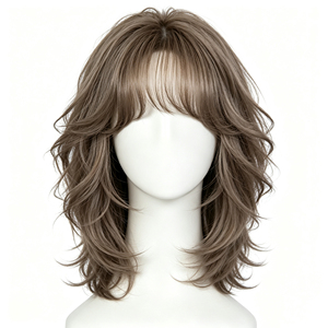 Peluca de cabello humano rizado medio en capas color marrón ceniza con flequillo de aire - Product Image 1