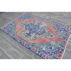 4.3x7.1 ft Vintage Turkish Rug, Area Rug, <b>Red</b> Blue Striped <b>Wool</b> Rug - Product Image 2