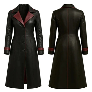 Abrigo Largo de Cuero Genuino para Mujer, Chaqueta Moderna Hecha a Mano, Negra, Corte Entallado, Forro de Cachemira, Bordado, Cuello Desmontable - Product Image 6
