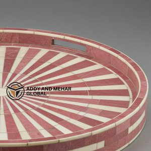 Proveedor indio ofrece bandeja redonda con incrustaciones de hueso rosa y blanco hecha a mano, Plato decorativo para servir y decoración del hogar - Product Image 4