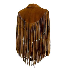 Chaquetas de Cuero de Gamuza de Vaca Marrón Genuino para Mujer, con Flecos, Tejidas, Transpirables, de Alta Calidad, Elegantes y Cómodas, Gran Venta - Product Image 2