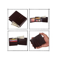 Dompet Lipat Tipis Pria Kulit Asli dengan Tempat Kartu Model Pendek, Penutup Terbuka, Cocok untuk Hadiah Perusahaan/Bisnis, Lapisan Nilon