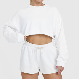 สเวตเตอร์แขนยาวสำหรับผู้หญิงเสื้อครอปไหล่เสื้อครอปสเวตเตอร์100% คอกลมผ้าคอตตอนมีซับใน - Product Image 4