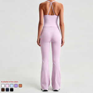 Ensemble de yoga sans couture pour femme, 2 pièces : Leggings taille haute et débardeur froncé à dos croisé, couleur unie, tenue de sport - Product Image 3