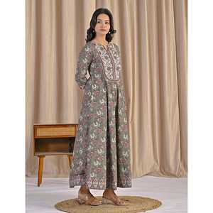 Robe Anarkali en coton imprimé à la main vert-gris, style ethnique indien pakistanais, avec dupatta cousu, sari - Product Image 5