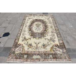 พรมขนสัตว์8.5ft สีเบจสีน้ำตาลคลาสสิกขนาด4.9 x ดีไซน์แบบเย็บปะติดปะต่อกันแบบตุรกีสำหรับห้องนั่งเล่นห้องนอนห้องโถงทำจากยางทรงสี่เหลี่ยม - Product Image 1