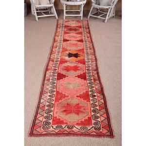 Vintage <b>Runner</b> Rug 2.7x11.2 ft, <b>Red</b> Pink Animal Print Rug Wool - Product Image 1