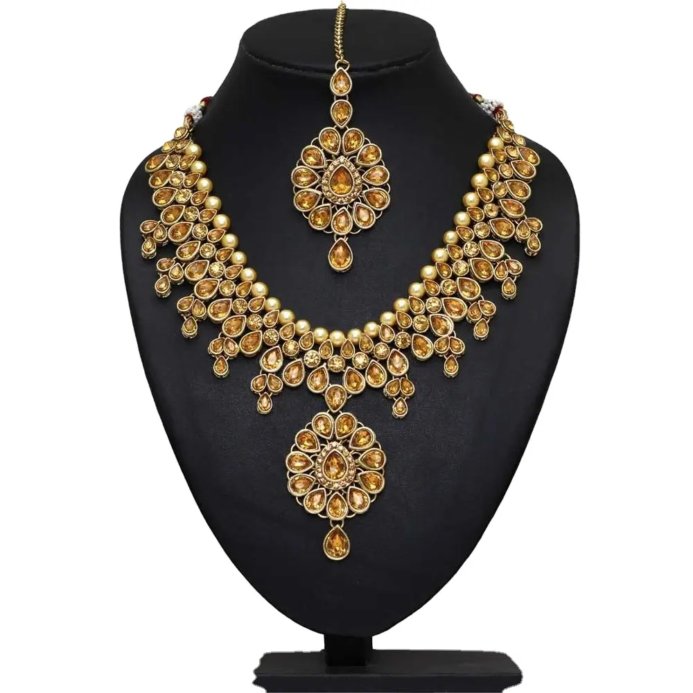 Indian Traditional Design Gold Color Kundan Necklace With Earrings