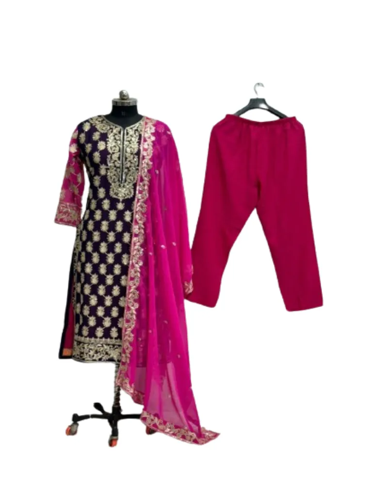 Foux georgette pakaian pesta pakaian India Pakistan jahitan dijahit 3 potong setelan gaun Asia gaya Pakistan