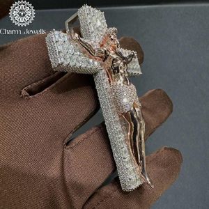 Charm_Jewells Rose <b>Gold</b> Plated 18K <b>Solid</b> <b>Gold</b> Cross <b>Pendant</b> With Moissanite Baguette Cut Channel Setting Christian Charm - Product Image 2