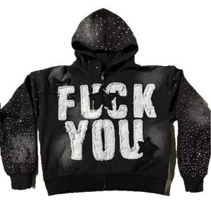 Sweat à capuche oversize personnalisable en coton 100% délavé noir avec fermeture éclair, style streetwear, lettres en strass, haute qualité pour homme - Product Image 1