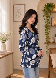 Robe longue à manches longues et col en V pour femme, imprimé floral bleu, en rayonne tissée, style décontracté et ethnique, coupe courte Kurti pour femme, taille ajustée aux hanches - Product Image 4
