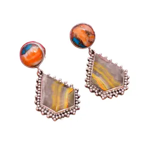 925ต่างหูเงินสเตอร์ลิงแบบห้อยหอยนางรมเทอร์ควอยส์10mm CAB Bumble Bee Jasper SHIELD พลอย11.2 GMS สำหรับงานแต่งงาน - Product Image 1