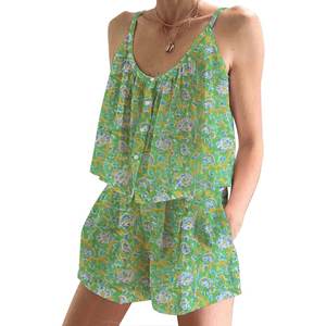 Conjunto de Pijama de Algodón Hecho a Mano con Estampado Floral para Mujer, Primavera/Verano, Conjunto de Pijama Ajustado sin Mangas con Tirantes - Product Image 1