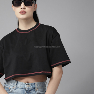Nardon Apparel Women's Loose <b>Fit</b> <b>Crop</b> Top Custom Logo Cotton <b>T</b>-<b>Shirt</b> Solid - Product Image 1