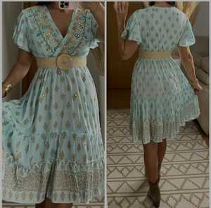 ชุดมินิเดรสปักมือสไตล์โบฮีเมียน ผ้าฝ้าย 100% เป็นมิตรกับสิ่งแวดล้อม สไตล์ลำลอง/งานปาร์ตี้ พร้อมด้วยเส้นด้ายลูเร็กซ์ ความยาวระดับกลางสำหรับผู้หญิง - Product Image 2