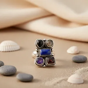 Bague Bohème à Grappes avec Pierres Naturelles d'Améthyste, de Lapis Lazuli et de Grenat, Plaqué Argent Antique, Design Géométrique, Bijou Unisexe - Product Image 1