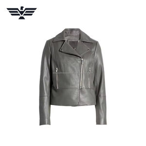 Veste bouffante en similicuir pour femme coupe ajustée en peau de mouton tissé respirant motif solide fermeture éclair avant teint uni pour l'automne - Product Image 4