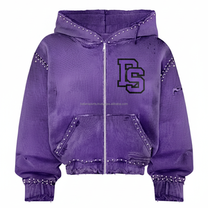 Premium 380 GSM Cotton Fleece Zipper <b>Hoodie</b> <b>Purple</b> Distressed Look with Studded Design and Custom Logo Embroidery basics <b>Hoodie</b> - Product Image 1