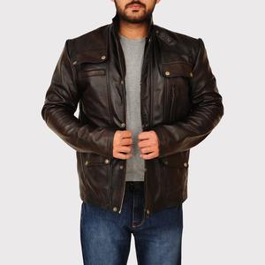 Veste en cuir véritable marron foncé pour homme 2026, style classique de motard avec boutons-pression, multiples poches et col montant - Product Image 4