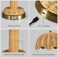 Lampe de table sans fil rechargeable à alimentation CC en rotin tressé simple, abat-jour festonné, finition laiton pour événements et hôtels
