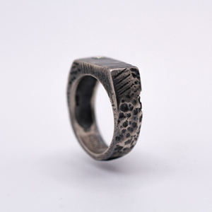 Handmade 925 Sterling Silver Vintage Oval Cut Lab Grown Diamond Certified <b>Ring</b> Black Rhodium Plated Textured Organic Unisex Band - Product Image 2