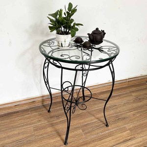 Durable Round Glass-Top <b>Table</b> with Traditional Patterned Iron Legs CFD68146 - Product Image 3